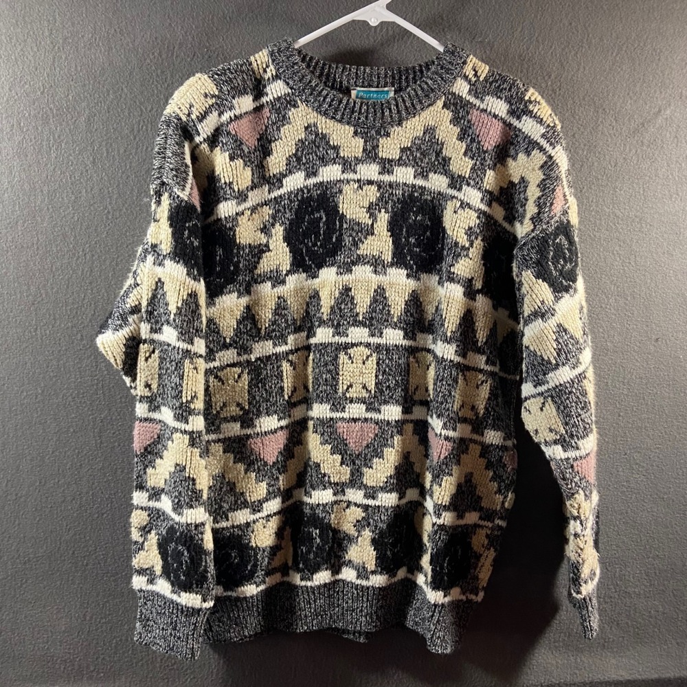 vtg aztec coogi Sweater large Geometric Intarsia Knit Crewneck Gray Pink grandpa